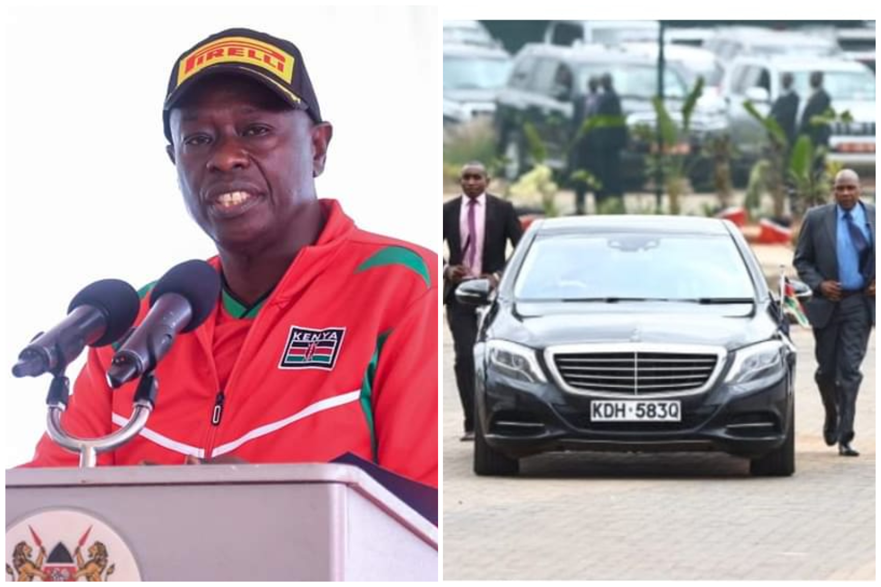 A composite photo of Deputy President Rigathi Gachagua and his Mercedes Benz.
